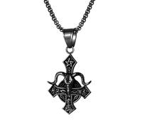 JewelryWe Collar satánico para hombre y mujer, acero inoxidable, invertido, cruzado, cabeza de cabra, Leviatán, sello de cruz de Lucifer, cadena con colgante de satanismo, joyería Satanás, 60 cm