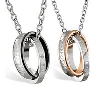 JewelryWe Collares de Parejas, Collares Enamorados His Queen Her King, Collar Colgante de Anillos para Hombre Mujer Acero Inoxidable, Regalo para San Valentín/Navidad