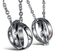 JewelryWe Collares para Parejas Colgantes de Anillos Real Love, Acero Inoxidable Collares de Corazón His & Hers, Regalo para Navidad San Valentín, Un Par