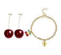Jewelrywe Conjunto Pendientes Pulseras Cereza: Aretes Colgantes de Cristal Rojo Brazalete de Corazón de Acero Inoxidable para Mujer Hipoalergénico - Para Regalos