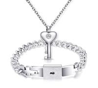 JewelryWe Juego de 2 pulseras de acero inoxidable con cierre de corazón y llave, colgante de etiqueta de perro, regalo de San Valentín para hombre y mujer, Für Erwachsene, Acero inoxidable