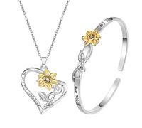 JewelryWe Juego de collar de girasoles, chapado en oro, girasol, circonita, corazón, colgante, cadena, abierto, ajustable, brazalete con pulsera con texto en alemán "Du bist mein Sonnenschein
