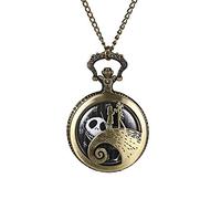 JewelryWe Nightmare Before Christmas - Reloj de bolsillo para hombre y mujer, de cuarzo antiguo, con colgante de cadena, reloj para el día de San Valentín, Pareja bronce