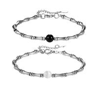 JewelryWe Par de pulseras de obsidiana de la amistad: 2 piezas negro turmalina blanca ojo de tigre perlas de acero inoxidable bambú nudo pulsera mujer hombre plata