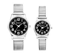 JewelryWe Par de relojes con correa elástica para hombre y mujer, analógico, cuarzo, reloj de pulsera de acero inoxidable, correa elástica, reloj de parejas con números grandes, esfera negra y correa