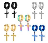 JewelryWe Pendientes Aro Cruz Unisex: Aretes Colgantes de Acero Inoxidable para Hombre y Mujer Negro Plata Azul Oro Color Hipoalergénico Antialérgico 5 Pares - Para Uso Diario Regalo