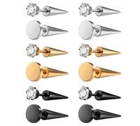 JewelryWe Pendientes de cartílago con punta de acero inoxidable: remaches cónicos de punta con circonitas redondas, pendientes, tornillos, hélix, tragus, oreja, piercing para hombre, mujer, hip hop