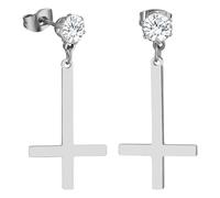 JewelryWe Pendientes de cruz para hombre y mujer: pendientes punk de cruz con circonita brillante de acero inoxidable, Acero inoxidable