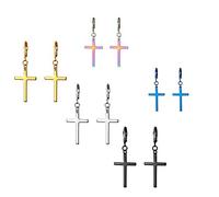 JewelryWe Pendientes largos de acero inoxidable con forma de cruz para hombre y mujer,5 pares,Regalos para Cumpleaños,Regalos para Navidad