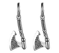 JewelryWe Pendientes vikingos para hombre, hacha, acero inoxidable, pendientes de aro Mjölnir con nudo celta vintage, amuleto de lobo hacha vikinga, pendientes colgantes para hombre, amigo, plata,