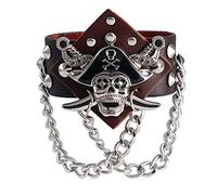 JewelryWe Pulsera ancha de cuero para hombre, diseño gótico punk Piratas del Caribe Capitán Cráneo Cráneo Esqueleto Mano Cuero Brazalete Brazalete Brazalete para Hombres Niño, 21.5 centimeters, Cuero
