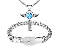JewelryWe Pulsera Cerradura Collar Llave: Conjunto de Joyas con Candado para Pareja Colgante de Ala Corazón Circón Brazalete Cadena Cubana Acero Inoxidable - Para Regalos
