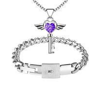 JewelryWe Pulsera Cerradura Collar Llave: Conjunto de Joyas con Candado para Pareja Colgante de Ala Corazón Circón Brazalete Cadena Cubana Acero Inoxidable - Para Regalos