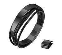 JewelryWe Pulsera Cuero Personalizada Hombre: Pulseras Negro de Cuero Trenzado Multicapa Grabable de Moda Cierre Magnético de Acero Inoxidable Antialérgico - Para Ocio Uso Diario Regalo