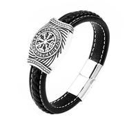 JewelryWe Pulsera vikinga para hombre: 7 pulgadas, brújula vintage, piel sintética, amuleto de runa nórdica, brazalete de acero inoxidable, joyería de plata, regalo para padre e hijo, Acero inoxidable