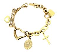 JewelryWe Pulsera Virgen María Mujeres: Brazalete Oro Cruz Corazón Love de Aceros Inoxidables - Obsequios de Oración Católica