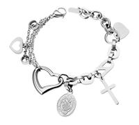 JewelryWe Pulsera Virgo María para mujer, de acero inoxidable, asimétrica, multicapa, con corazón, cruz, madre, medalla, colgante religioso, rosario religioso, pulsera de oración, joyas para mujeres