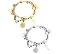 JewelryWe Pulsera Virgo María para mujer, de acero inoxidable, asimétrica, multicapa, con corazón, cruz, madre, medalla, colgante religioso, rosario religioso, pulsera de oración, joyas para mujeres