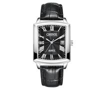 JewelryWe Reloj analógico de cuarzo para hombre con calendario de 30 m, resistente al agua, números romanos, rectangulares, con correa de piel auténtica, Números romanos-negro, Correa