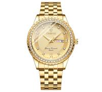 JewelryWe Reloj Analógico Redondo Hombre: Relojes de Cuarzo Número Romano Diamantes de Imitación Escala Correa de Acero Inoxidable Extraíble Puntero Luminoso Oro - para Ocio Negocios Regalos