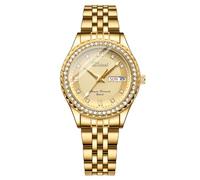 JewelryWe Reloj Analógico Redondo Mujer: Relojes de Cuarzo Número Romano Diamantes de Imitación Escala Correa de Acero Inoxidable Extraíble Puntero Luminoso Oro - para Ocio Negocios Regalos