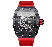 JewelryWe Reloj Ancho para Hombre, Reloj Cuadrado Analógico de Cuarzo, Reloj Deportivo con Correa de Silicona, Manecillas Luminosas, Esfera Decorada con Engranajes, Calendario Visualizable, Rojo Negro