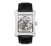 JewelryWe Reloj Automático de Hombre Cuadrada: con Correa de Cuero Genuino, Índices de Diamante, Agujas Luminosas - Negocios y Casual, Caja Plata/Esfera Plata