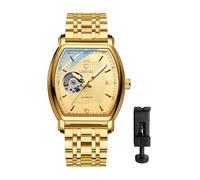 JewelryWe Reloj automático de negocios para hombre: 3 ATM, impermeable, analógico, de cuerda automática, tono dorado, reloj de pulsera mecánico para oficina y uso diario, correa ajustable de acero
