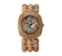 JewelryWe Reloj Bohemio Analógico de Mujer: con Pulsera de Cuentas de Madera Natural Hecho a Mano, Caja Barril, Correa Elástica Extensible, Índices Números Romanos