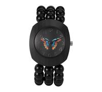 JewelryWe Reloj Bohemio Analógico de Mujer: con Pulsera de Cuentas de Madera Natural Hecho a Mano, Caja Barril, Correa Elástica Extensible, Índices Números Romanos