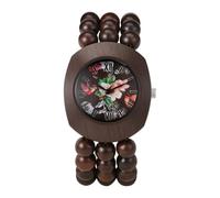 JewelryWe Reloj Bohemio Analógico de Mujer: con Pulsera de Cuentas de Madera Natural Hecho a Mano, Caja Barril, Correa Elástica Extensible, Índices Números Romanos