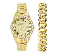 JewelryWe Reloj con Diamantes para Hombre y Mujer, Conjunto de Reloj y Pulsera con Diamantes, Reloj Redondo Analógico de Cuarzo, Pulsera y Correa de Acero Inoxidable, Oro, 2 Piezas