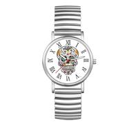 JewelryWe Reloj Correa Elástica Calavera: Relojes de Pulsera Cuarzo Analógicos Redondo para Hombre y Mujer Escala de Números Romanos Plata - para Fiesta Ocio Negocios Regalos