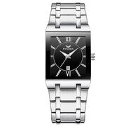 JewelryWe Reloj Cuadrado para Hombre, Cuarzo Analógico, Brazalete de Acero Inoxidable, Resistente al Agua, Uso Diario, Calendario Visualizable, Correa Plata Con Esfera Negra