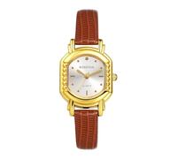 JewelryWe Reloj cuadrado ultrafino para mujer: caja dorada, esfera negra, analógico, cuarzo, correa de piel sintética, ajustable, reloj de pulsera casual de negocios, marrón