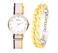 JewelryWe Reloj Cuarzo Analógico Set: Brazaletes de Resina Y Reloj Beige Redondo Mujer para Correa Lona Escala de Números Arábigos - Ropa Diaria