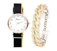 JewelryWe Reloj Cuarzo Analógico Set: Brazaletes de Resina Y Reloj Negro Redondo Mujer para Correa Lona Escala de Números Arábigos - Ropa Diaria