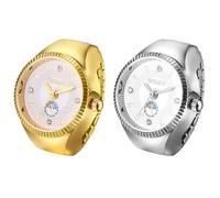 JewelryWe Reloj de anillo analógico para mujer, de cuarzo, elástico, anillo de pulsera, regalo para niñas, negro, blanco, rojo y rosa, Escala triangular, juego de 2 unidades