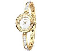 JewelryWe Reloj de Cristal Analógico de Cuarzo para Mujer, Reloj de Pulsera Dorado con Correa Ajustable para Mujer, Resistente al Agua, con Diamantes Completos