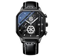 JewelryWe Reloj de Cuarzo para Hombre, Reloj para Hombre Fashion Cool Square Case Luminous Hands Independent Seconds Dial Calendar Small Dial Disponible Multifuncional Correa de Cuero Genuino Negro