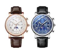 JewelryWe Reloj de hombre de piel auténtica, cronógrafo, resistente al agua, 30 m, analógico, de cuarzo, correa de piel, reloj multifuncional con cielo estrellado, calendario, manecillas luminosas,