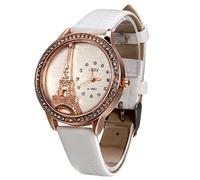 JewelryWe Reloj de Mujer Blanco Analogico, La Torre Eiffel Romantica Reloj de Pulsera de Cuero y Diamantes, Regalo de Navidad/San Valentín