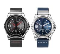 JewelryWe Reloj de pulsera analógico de cuarzo para hombre, resistente al agua, 30 m, correa de piel, con calendario y manecillas luminosas, regalo para hombres y niños, Tipo2-2 piezas (negro+azul),