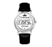 JewelryWe Reloj de pulsera analógico de cuarzo para mujer con esfera de My Mom y correa de piel sintética negra, elegante reloj de pulsera para mujer sin números, regalo para madre para el día de la