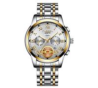 JewelryWe Reloj de pulsera analógico para hombre de acero inoxidable, cuarzo, resistente al agua hasta 30 m, números romanos, con semana, fecha, calendario y manecillas luminosas, regalo para el día