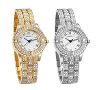 JewelryWe Reloj de pulsera de cuarzo con diamantes de imitación de aleación en tono dorado para mujer, elegante, para el día de San Valentín, Estilo B, 2 unidades, Reloj de cuarzo