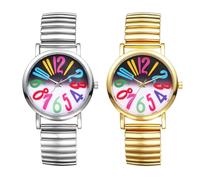 JewelryWe Reloj de pulsera elástico para personas mayores, analógico, de cuarzo, pulsera elástica, reloj informal con correa de acero inoxidable y esfera grande fácil de leer, Números coloridos