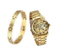 JewelryWe - Reloj de pulsera para hombre - Movimiento mecánico - Cuadrante color oro - Manecillas color oro - Pulsera de acero inoxidable color oro Set