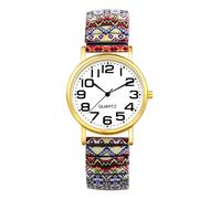 JewelryWe Reloj de pulsera para mujer con banda elástica analógica de cuarzo fácil de leer, esfera grande de acero inoxidable con estampado colorido bohemio para uso diario casual, Colorful-b