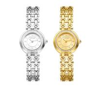 JewelryWe Reloj de pulsera para mujer, elegante, analógico, de cuarzo, resistente al agua, 30 m, redondo, informal, con cadena de eslabones dobles y manecillas luminosas, color dorado y plateado,